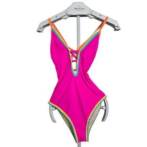 Popvil Hot Pink Colorblock Trim One Piece Swimsuit Small NWT Tie Front Cutout